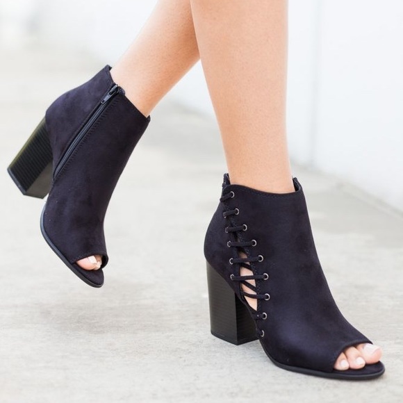 Black Peep Toe Lace Side Ankle Bootie - Picture 2 of 8